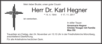 Traueranzeige von Dr. Karl Hegner von Frankenpost