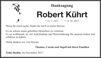 Traueranzeige von Robert Kührt von Südthüringer Presse