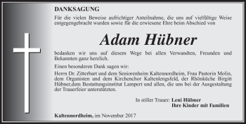 Traueranzeige von Adam Hübner von Südthüringer Presse