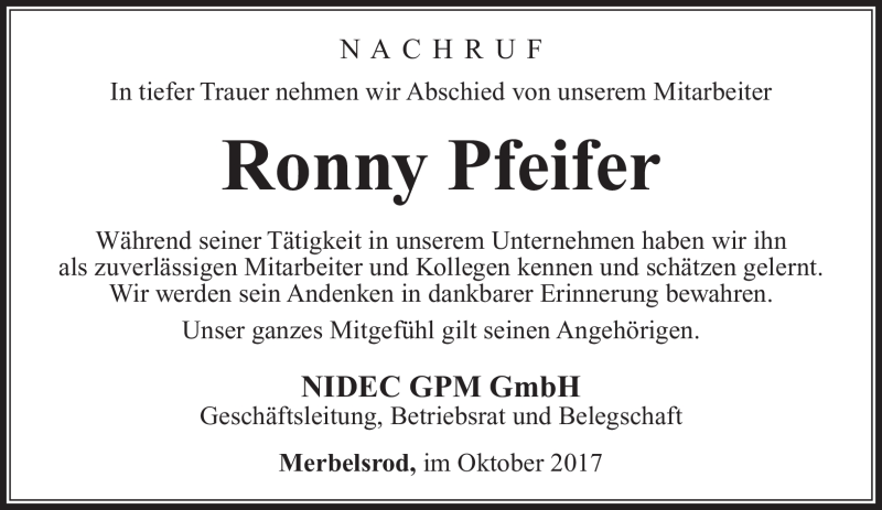  Traueranzeige für Ronny Pfeifer vom 04.11.2017 aus Südthüringer Presse