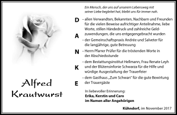 Traueranzeige von Alfred Krautwurst von Südthüringer Presse