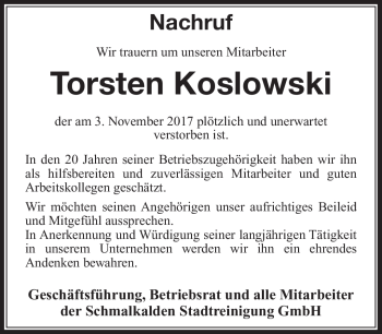 Traueranzeige von Torsten Koslowski von Südthüringer Presse