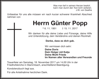 Traueranzeige von Günter Popp von Frankenpost
