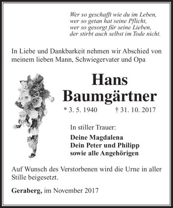 Traueranzeige von Hans Baumgärtner von Südthüringer Presse