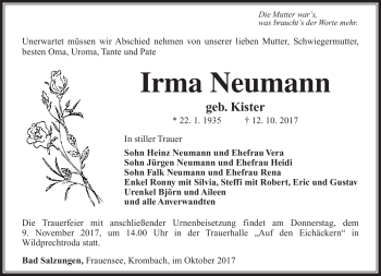 Traueranzeige von Irma Neumann von Südthüringer Presse