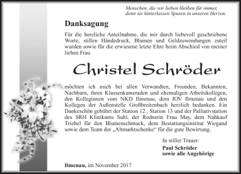 Traueranzeige von Christel Schröder von Südthüringer Presse