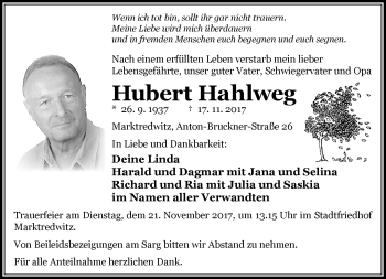 Traueranzeige von Hubert Hahlweg von Frankenpost