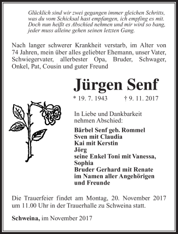 Traueranzeige von Jürgen Senf von Südthüringer Presse