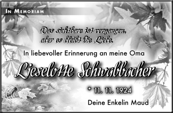 Traueranzeige von Lieselotte Schwabbacher von Südthüringer Presse