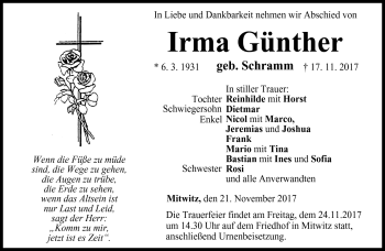 Traueranzeige von Irma Günther von Neue Presse Coburg