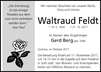 Traueranzeige von Waltraud Feldt von Südthüringer Presse