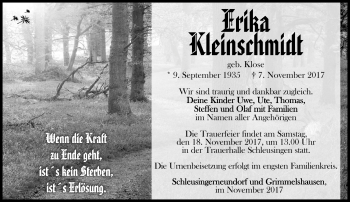 Traueranzeige von Erika Kleinschmidt von Südthüringer Presse