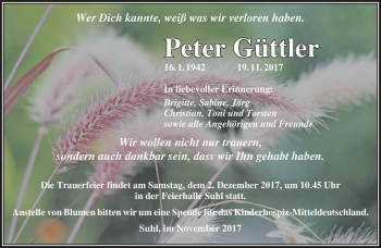 Traueranzeige von Peter Güttler von Südthüringer Presse