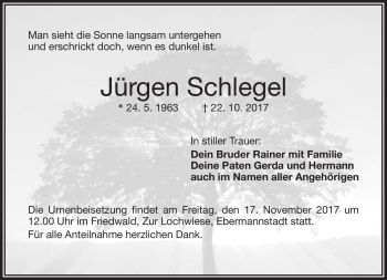 Traueranzeige von Jürgen Schlegel von Frankenpost
