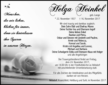 Traueranzeige von Helga Heinkel von Südthüringer Presse