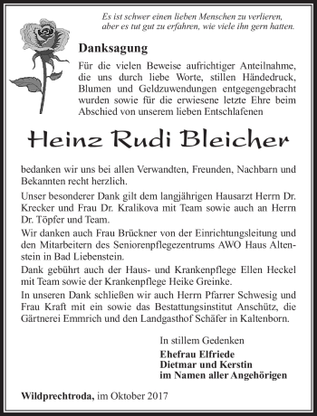 Traueranzeige von Heinz Rudi Bleicher von Südthüringer Presse