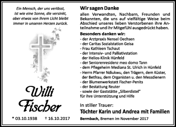 Traueranzeige von Willi Fischer von Südthüringer Presse
