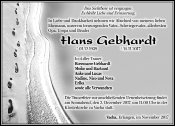 Traueranzeige von Hans Gebhardt von Südthüringer Presse