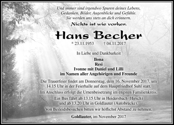 Traueranzeige von Hans Becher von Südthüringer Presse