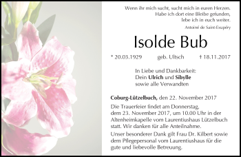 Traueranzeige von Isolde Bub von Neue Presse Coburg