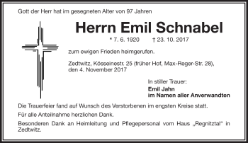 Traueranzeige von Emil Schnabel von Frankenpost