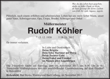 Traueranzeige von Rudolf Köhler von Südthüringer Presse