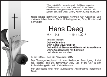 Traueranzeige von Hans Deeg von Neue Presse Coburg