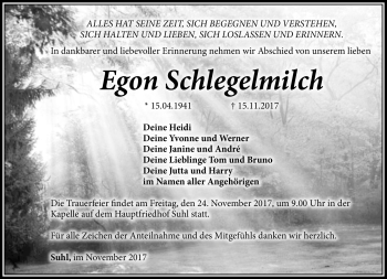 Traueranzeige von Egon Schlegelmilch von Südthüringer Presse