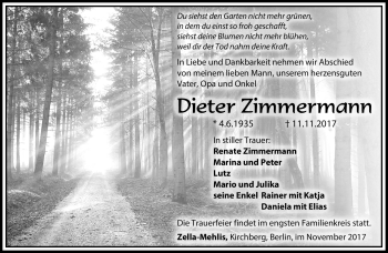 Traueranzeige von Dieter Zimmermann von Südthüringer Presse