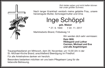 Traueranzeige von Inge Schöppl von Frankenpost
