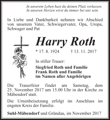 Traueranzeige von Harry Roth von Südthüringer Presse