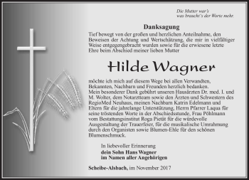 Traueranzeige von Hilde Wagner von Südthüringer Presse