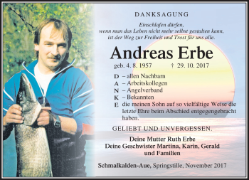 Traueranzeige von Andreas Erbe von Südthüringer Presse