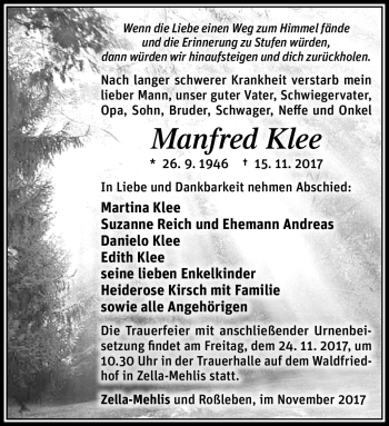 Traueranzeige von Manfred Klee von Südthüringer Presse