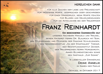 Traueranzeige von Franz Reinhardt von Südthüringer Presse