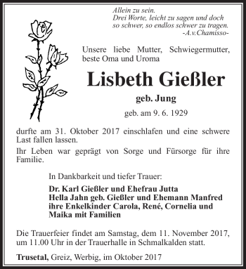 Traueranzeige von Lisbeth Gießler von Südthüringer Presse