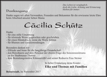 Traueranzeige von Cacilia Schütz von Südthüringer Presse