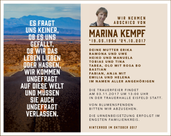Traueranzeige von Marina Kempf von Südthüringer Presse