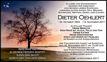 Traueranzeige von Dieter Oehlert von Südthüringer Presse