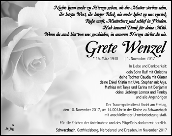 Traueranzeige von Grete Wenzel von Südthüringer Presse