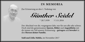 Traueranzeige von Günther Seidel von Südthüringer Presse