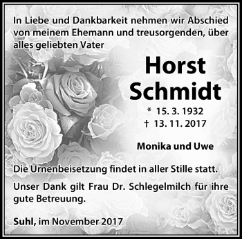 Traueranzeige von Horst Schmidt von Südthüringer Presse