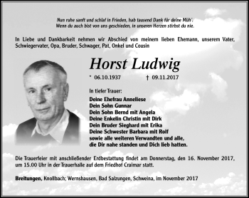 Traueranzeige von Horst Ludwig von Südthüringer Presse