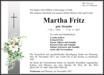 Traueranzeige von Martha Fritz von Südthüringer Presse