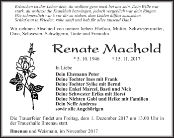 Traueranzeige von Renate Machold von Südthüringer Presse