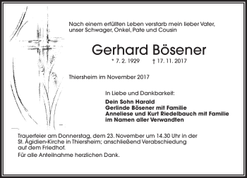Traueranzeige von Gerhard Bösener von Frankenpost