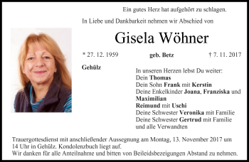 Traueranzeige von Gisela Wöhner von Neue Presse Coburg
