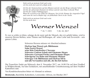 Traueranzeige von Werner Wenzel von Südthüringer Presse