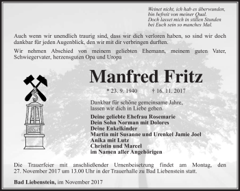 Traueranzeige von Manfred Fritz von Südthüringer Presse