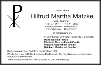 Traueranzeige von Hiltrud Martha Matzke von Frankenpost